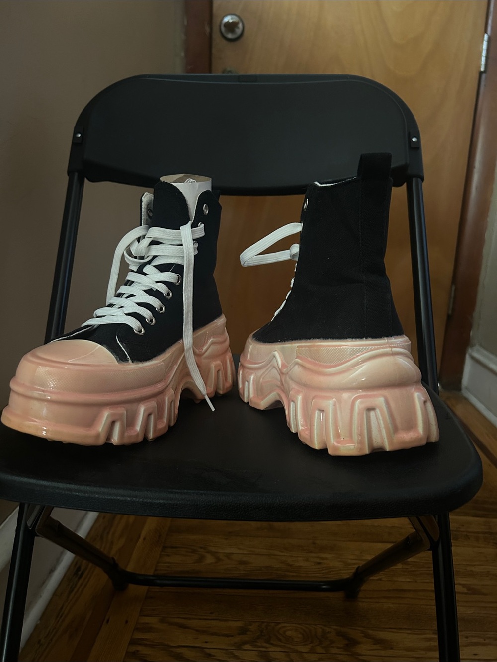 Chunky Lace-Up Ankle Boots with Pink Platform Sole